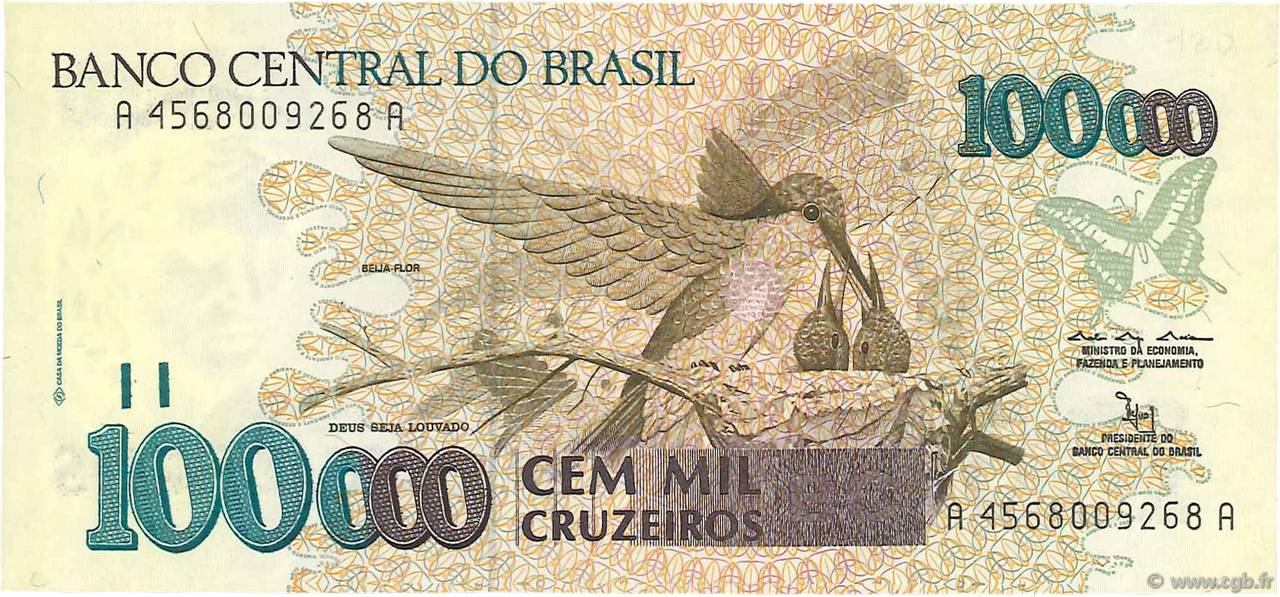 100000 Cruzeiros BRAZIL  1992 P.235a AU