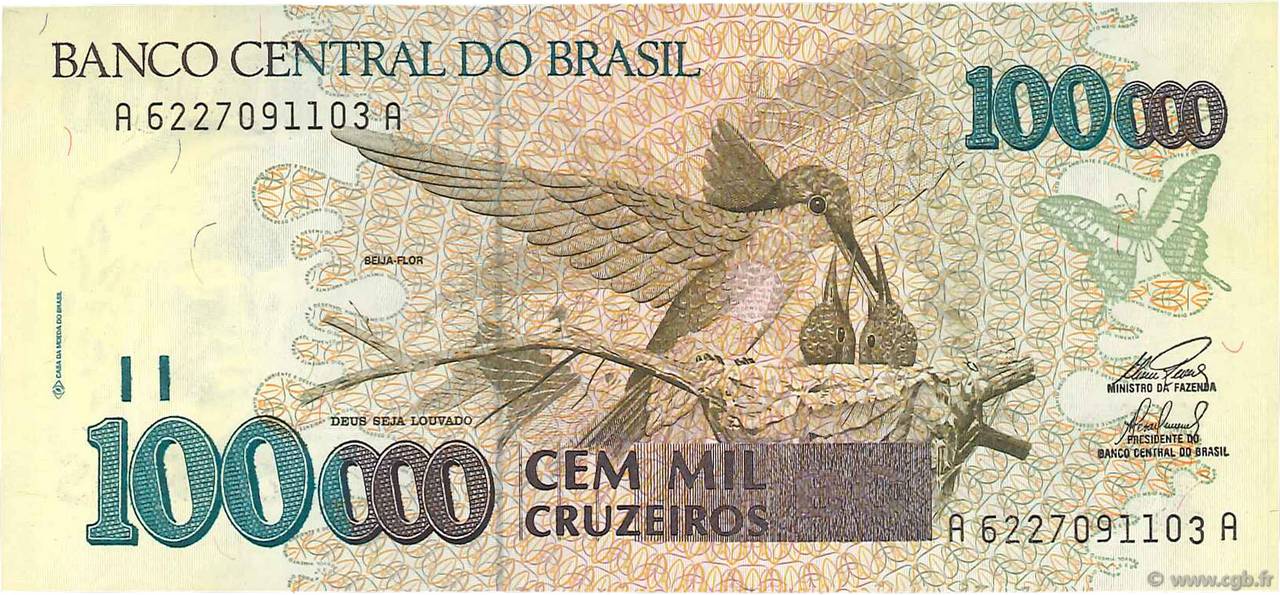 100000 Cruzeiros BRAZIL  1993 P.235c UNC