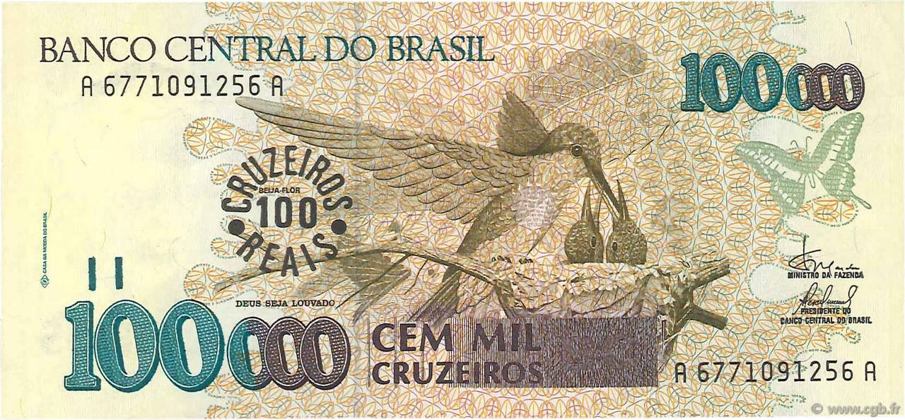100 Cruzeiros Reais sur 100000 Cruzeiros BRASILIEN  1993 P.238 VZ