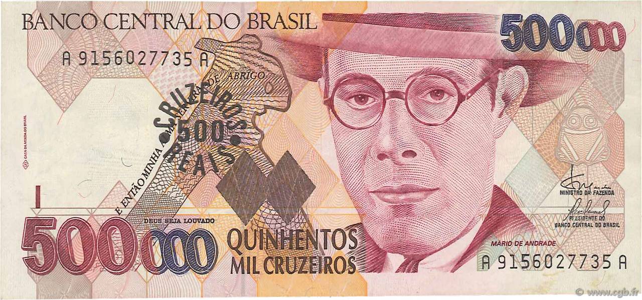 500 Cruzeiros Reais sur 500000 Cruzeiros BRASIL  1993 P.239a MBC