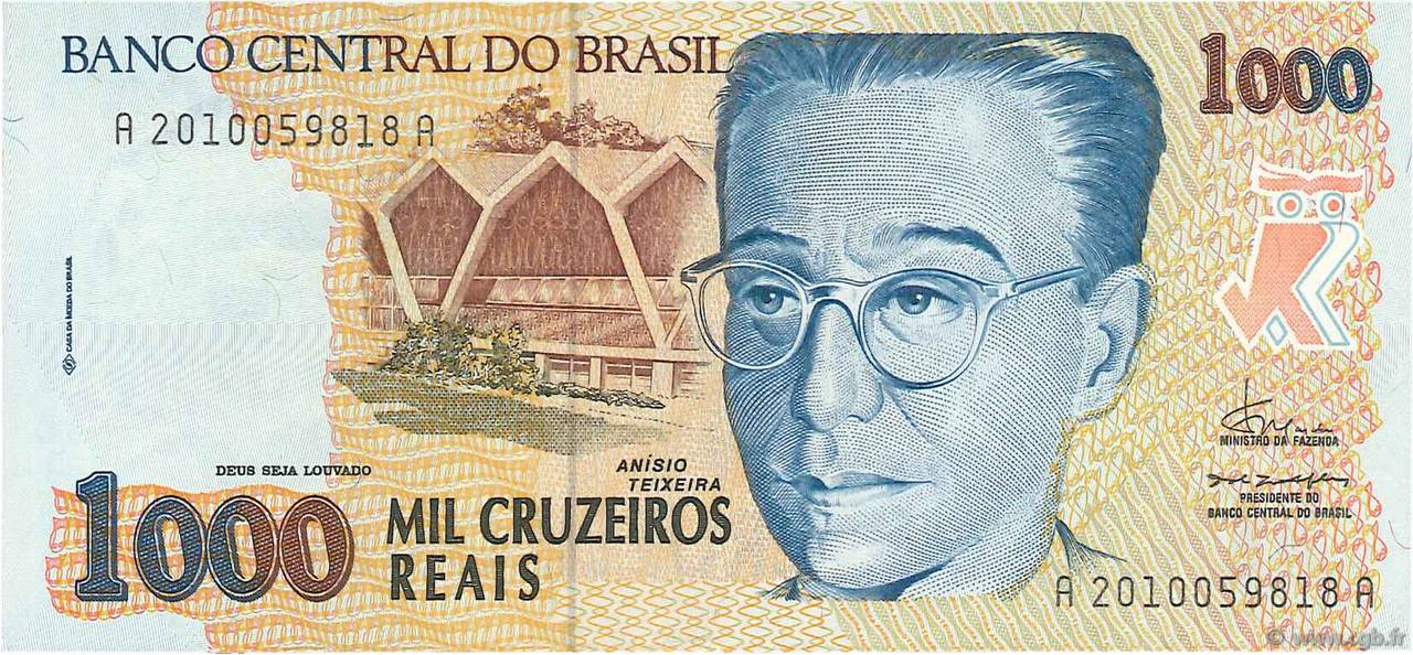 1000 Cruzeiros Reais BRAZIL  1993 P.240a XF
