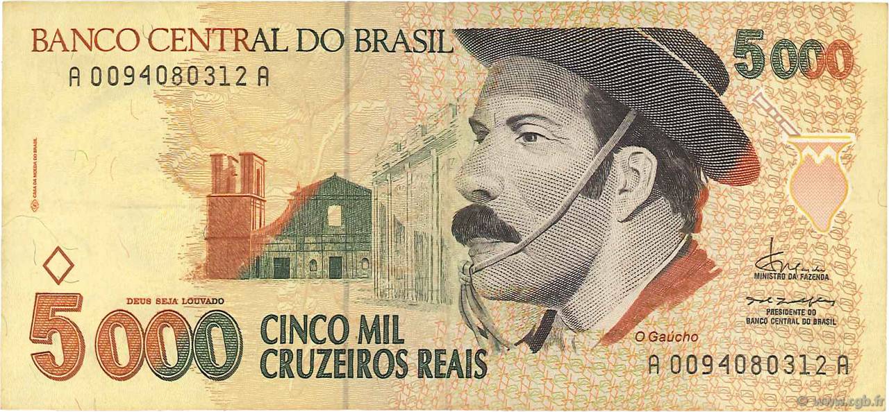 5000 Cruzeiros Reais BRAZIL  1993 P.241 VF
