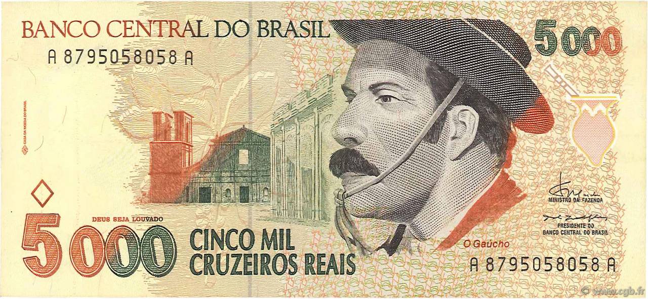 5000 Cruzeiros Reais BRASIL  1993 P.241 MBC+