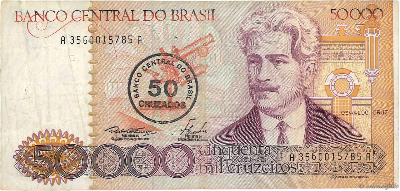 50 Cruzados sur 50000 Cruzeiros BRAZIL  1986 P.207a F+