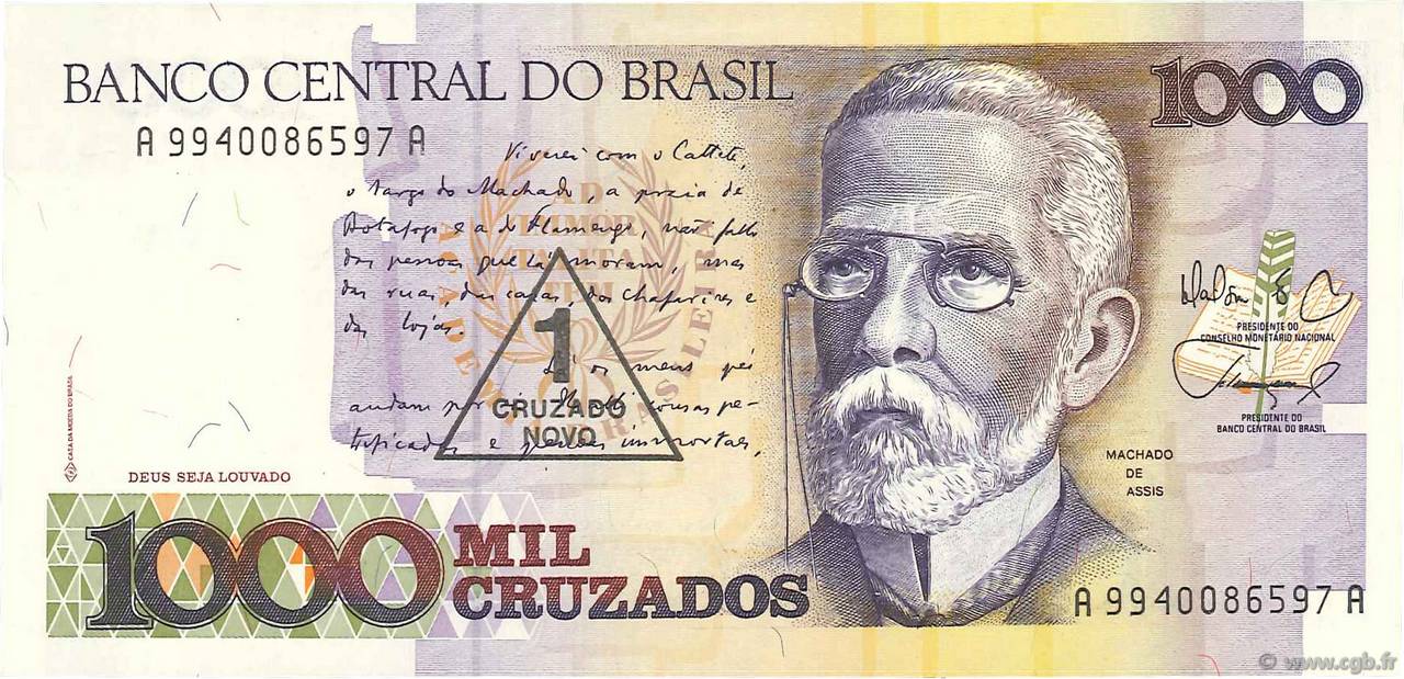 1 Cruzado Novo sur 1000 Cruzados BRAZIL  1989 P.216a UNC