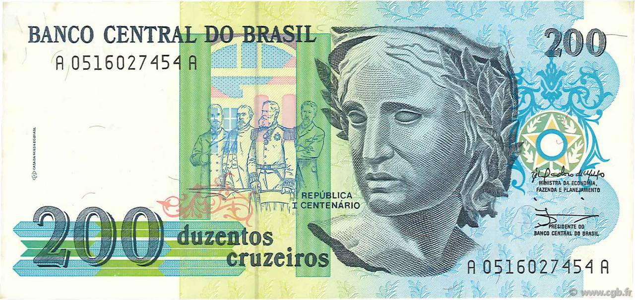 200 Cruzeiros BRAZIL  1990 P.229 AU