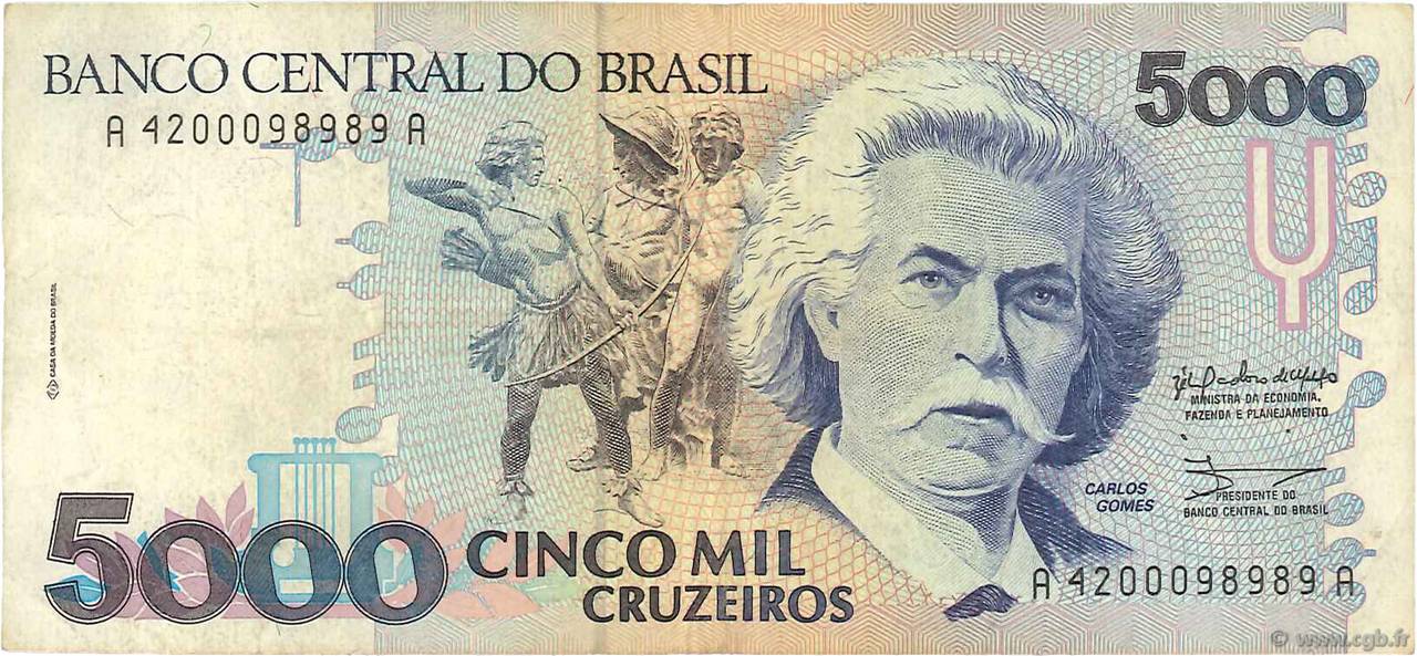 5000 Cruzeiros BRASILE  1990 P.232a MB