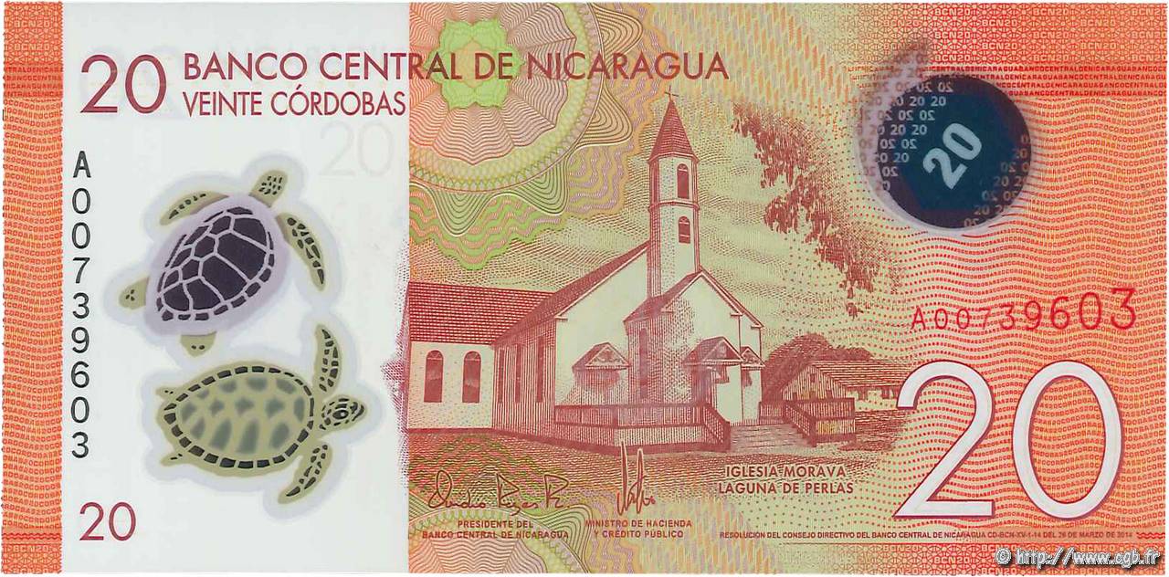 2014 NICARAGUA 20 CORDOBAS POLYMER P-210 UNC> >MORAVIAN CHURCH LAGUNA DE PERLAS 