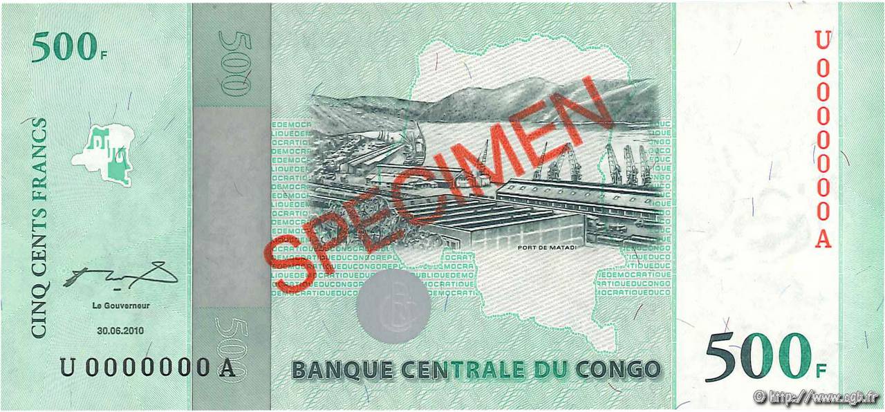 500 Francs Spécimen REPúBLICA DEMOCRáTICA DEL CONGO  2010 P.100s FDC