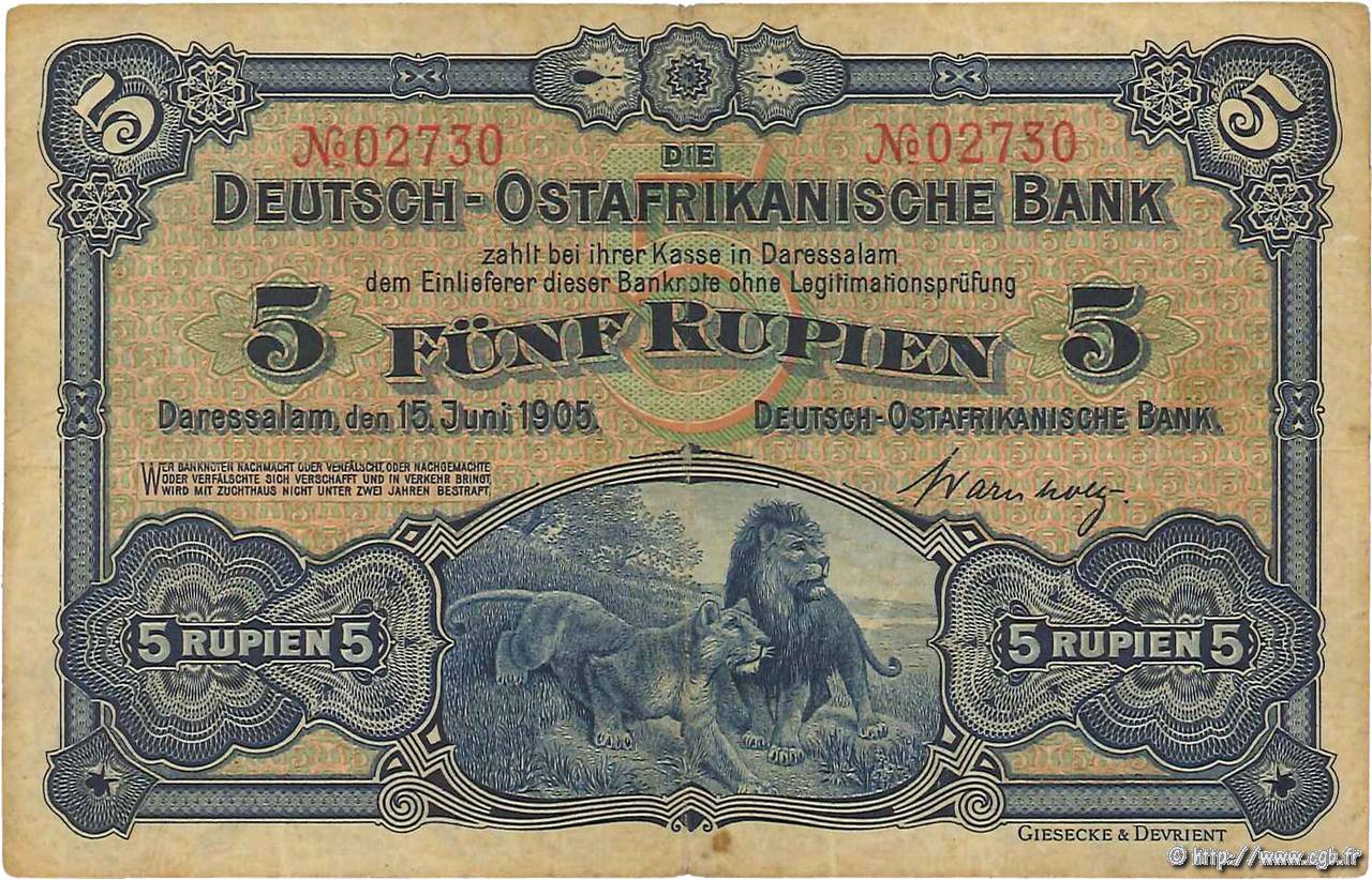 5 Rupien Deutsch Ostafrikanische Bank  1905 P.01 F+