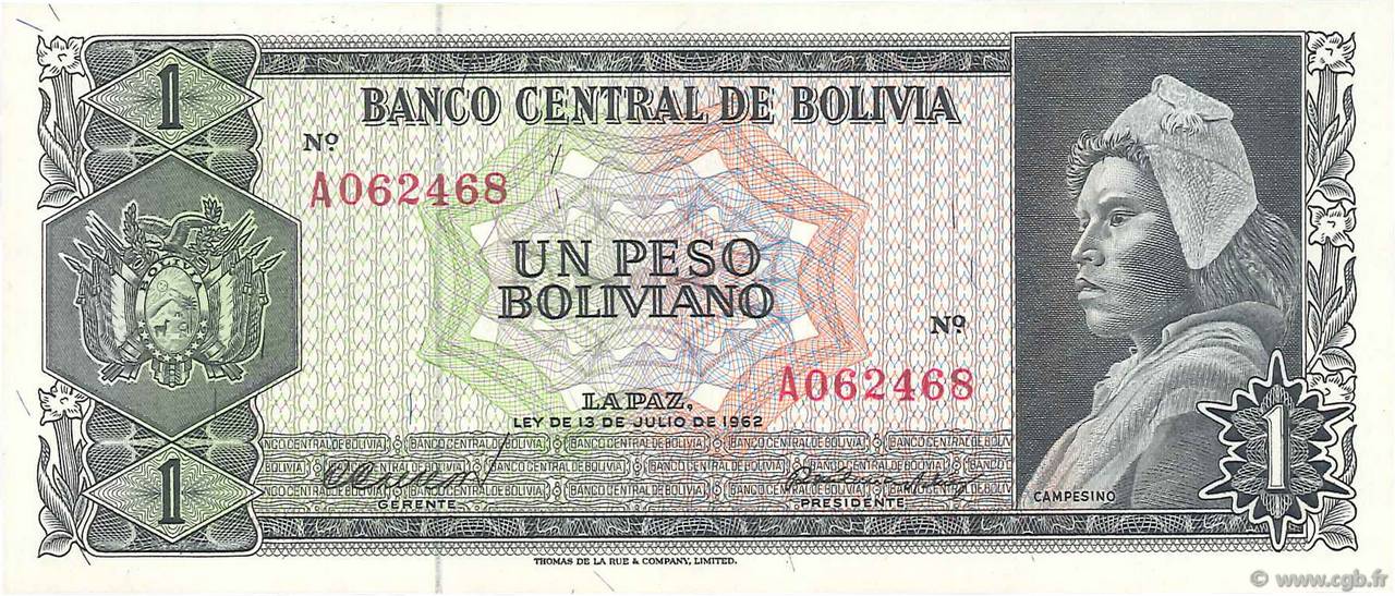 1 Peso Boliviano BOLIVIEN  1962 P.152a fST