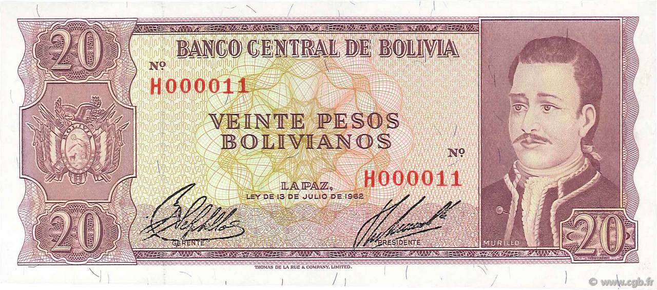 20 Pesos Bolivianos BOLIVIA  1962 P.161a q.FDC