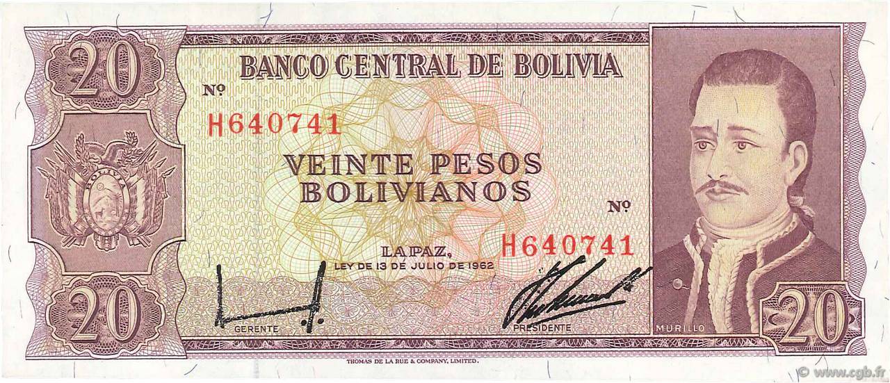 20 Pesos Bolivianos BOLIVIEN  1962 P.161a ST