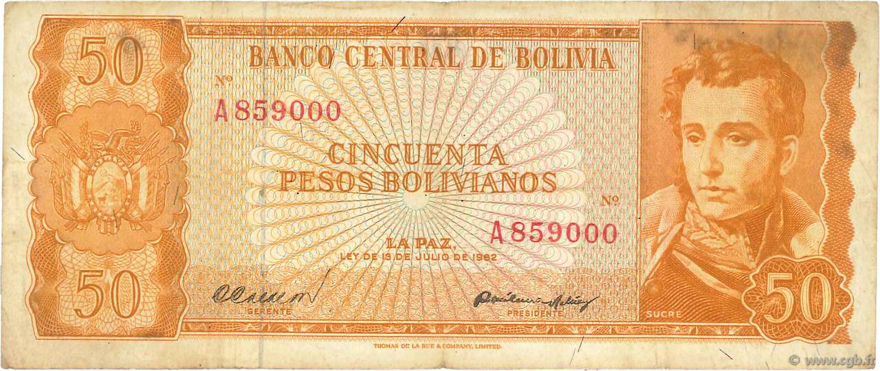50 Pesos Bolivianos BOLIVIA  1962 P.156a BC