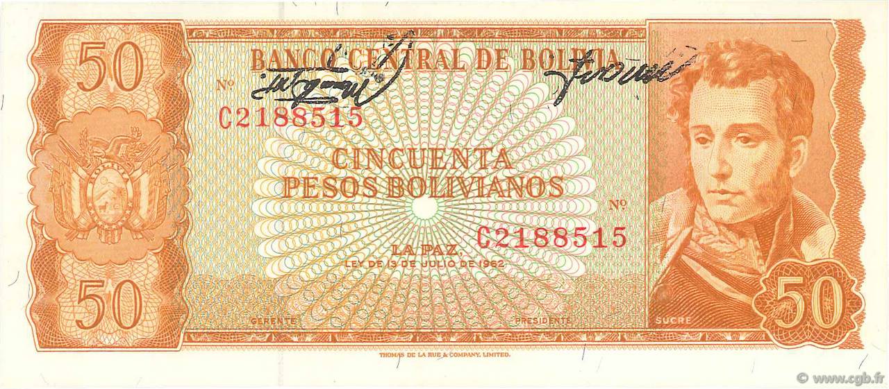 50 Pesos Bolivianos BOLIVIA  1962 P.162a SC
