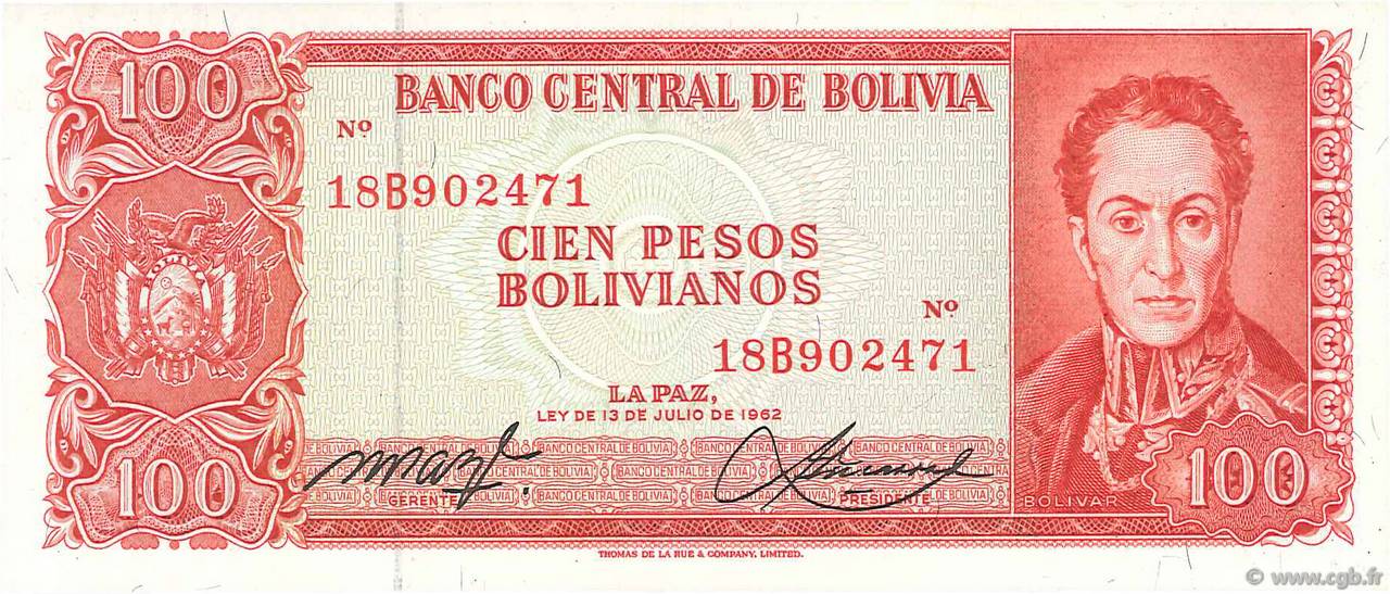 100 Pesos Bolivianos BOLIVIA  1962 P.164A UNC