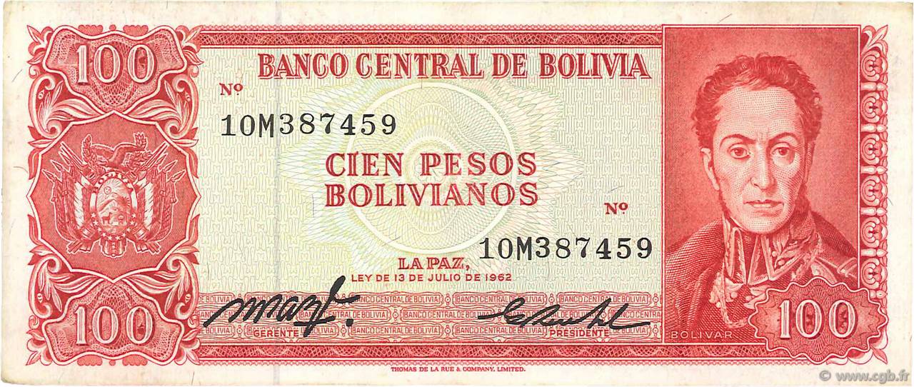 100 Pesos Bolivianos BOLIVIA  1962 P.164b MBC