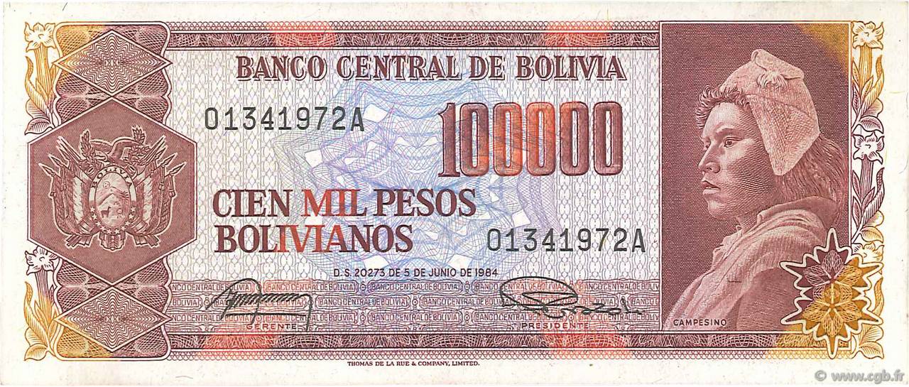 100000 Pesos Bolivianos BOLIVIEN  1984 P.171a fST