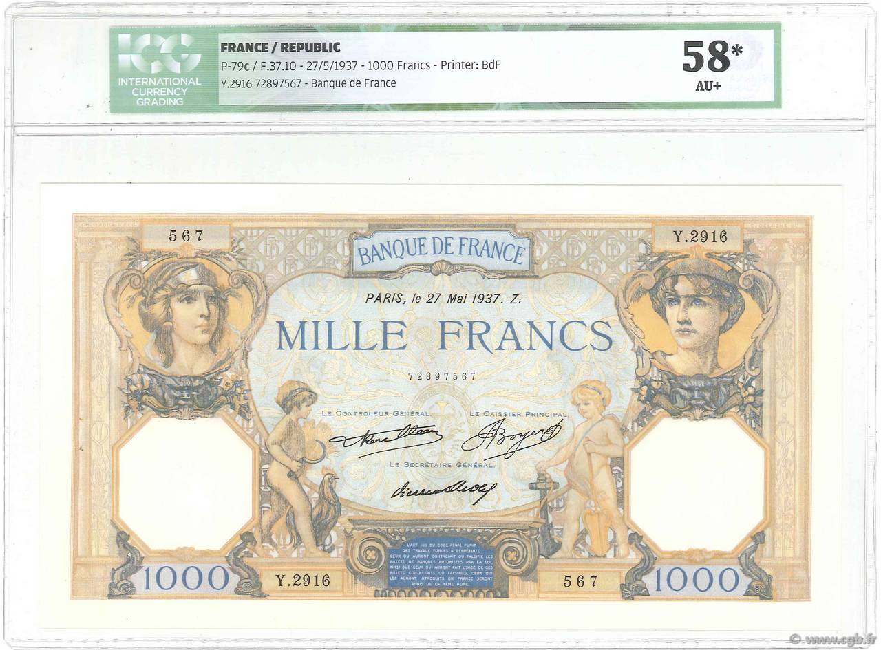 1000 Francs CÉRÈS ET MERCURE FRANKREICH  1937 F.37.10 fST