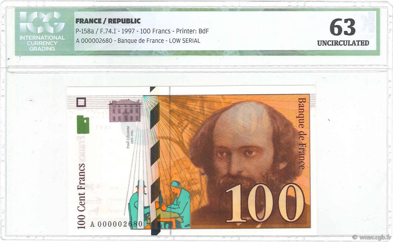 100 Francs CÉZANNE Petit numéro FRANCE  1997 F.74.01 NEUF