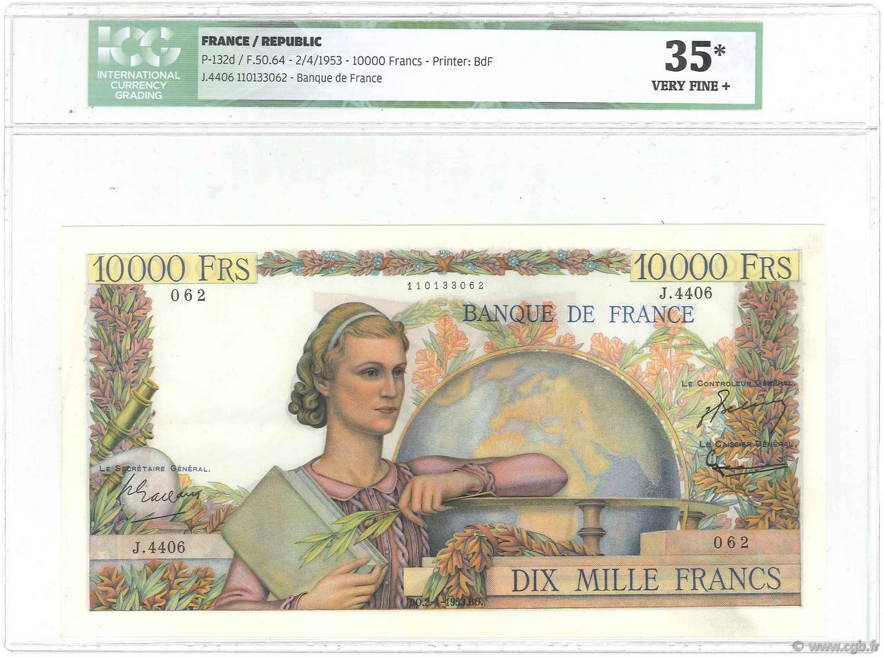 10000 Francs GÉNIE FRANÇAIS FRANCIA  1953 F.50.64 MBC+