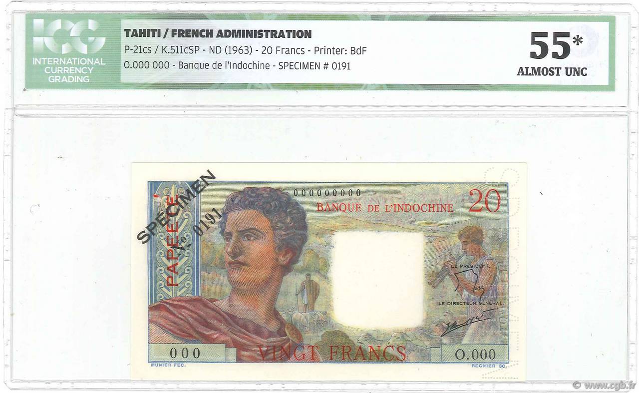 20 Francs Spécimen TAHITI  1963 P.21cS EBC+