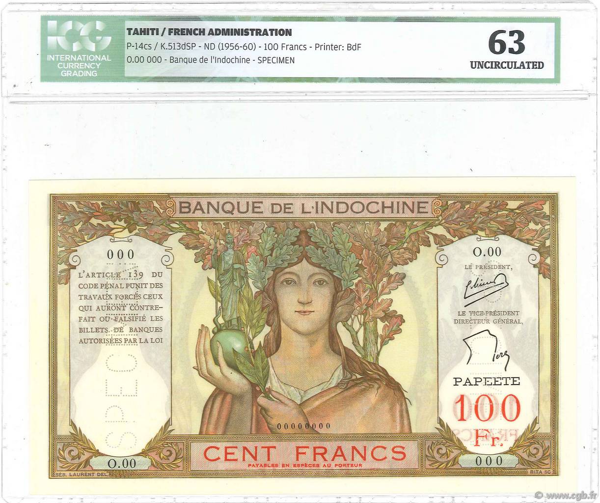 100 Francs Spécimen TAHITI  1956 P.14cS fST