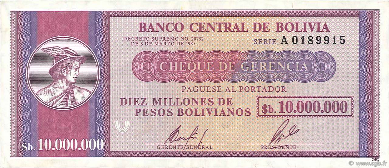 10000000 Pesos Bolivianos BOLIVIA  1985 P.192a VF