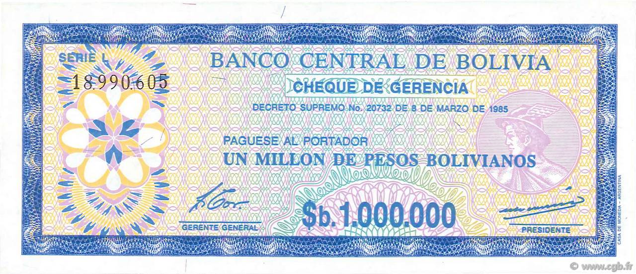 1000000 Pesos Bolivianos BOLIVIA  1985 P.192Ca UNC