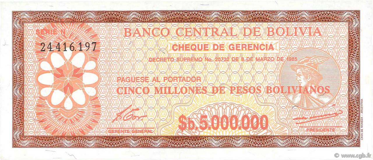 5000000 Pesos Bolivianos BOLIVIA  1985 P.193a SC