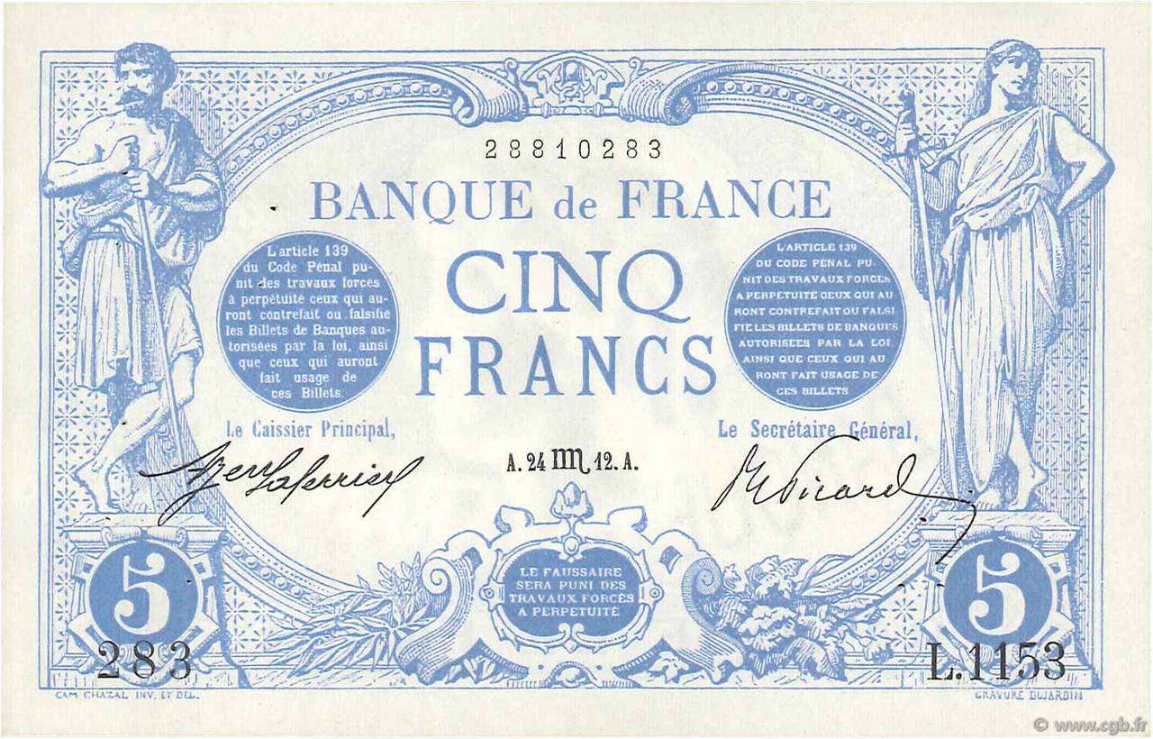 5 Francs BLEU FRANCE  1912 F.02.10 XF