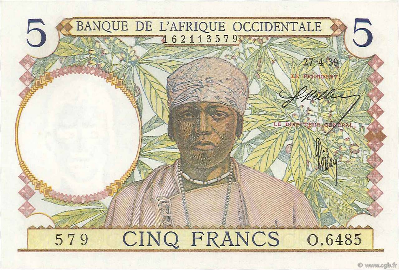 5 Francs FRENCH WEST AFRICA  1939 P.21 UNC