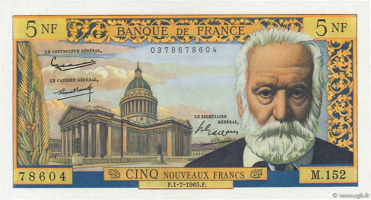 5 Nouveaux Francs VICTOR HUGO FRANCIA  1965 F.56.19 EBC+