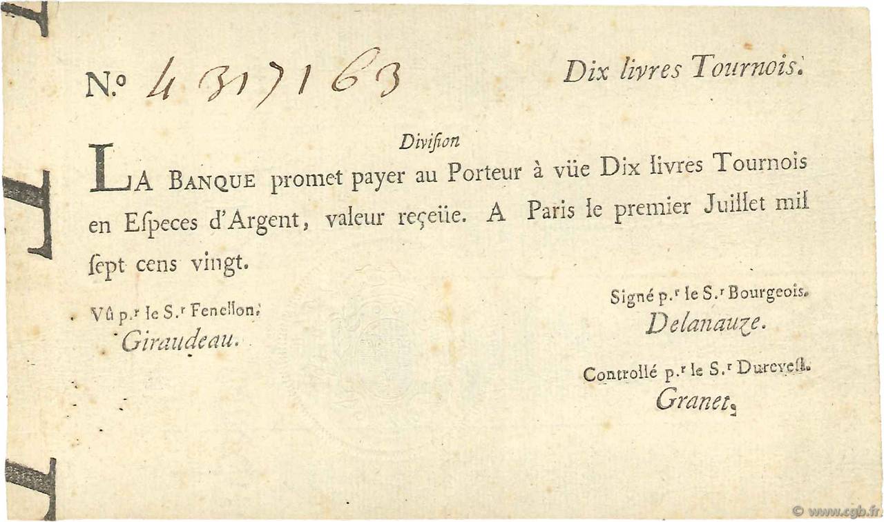 10 Livres Tournois typographié FRANCIA  1720 Dor.22 BB