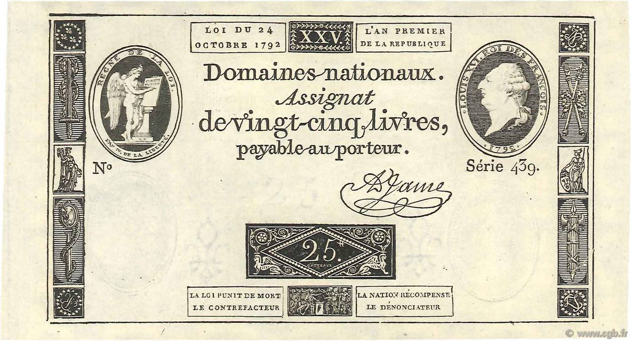25 Livres FRANCIA  1792 Ass.37a FDC