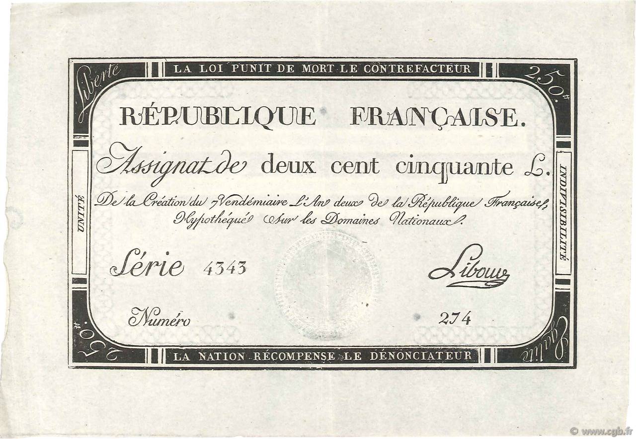 250 Livres FRANCE  1793 Ass.45a AU