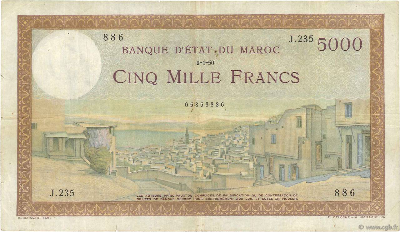 5000 Francs MOROCCO  1950 P.23c VF-