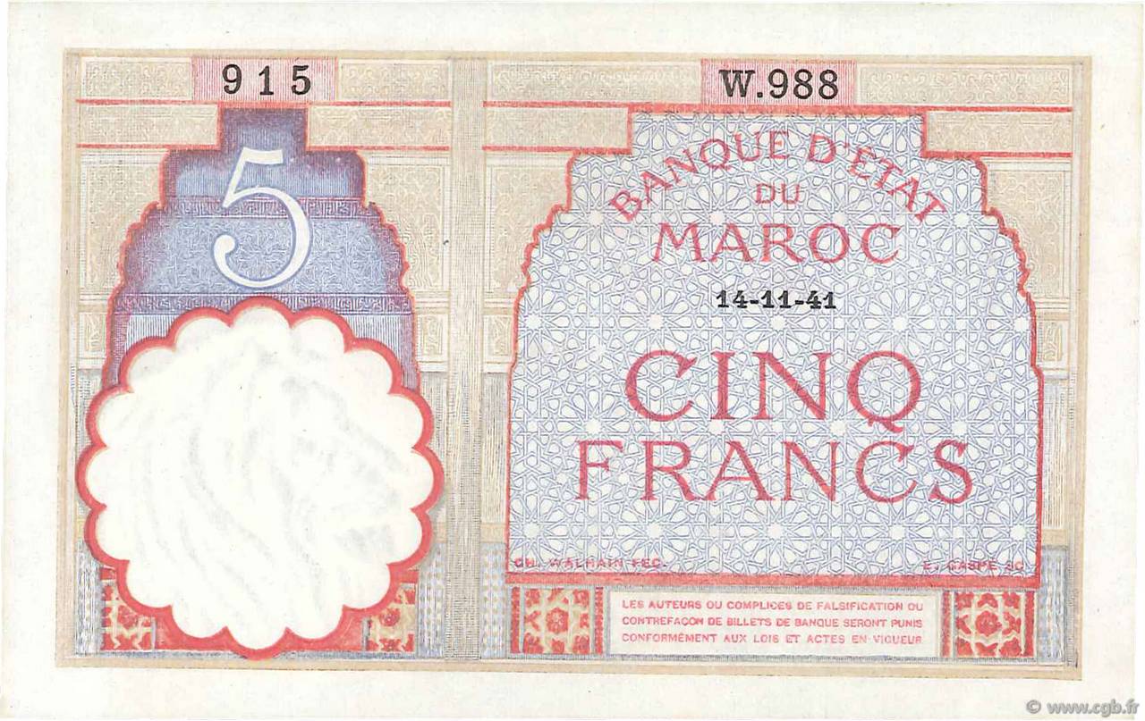 5 Francs MAROKKO  1941 P.23Ab fST