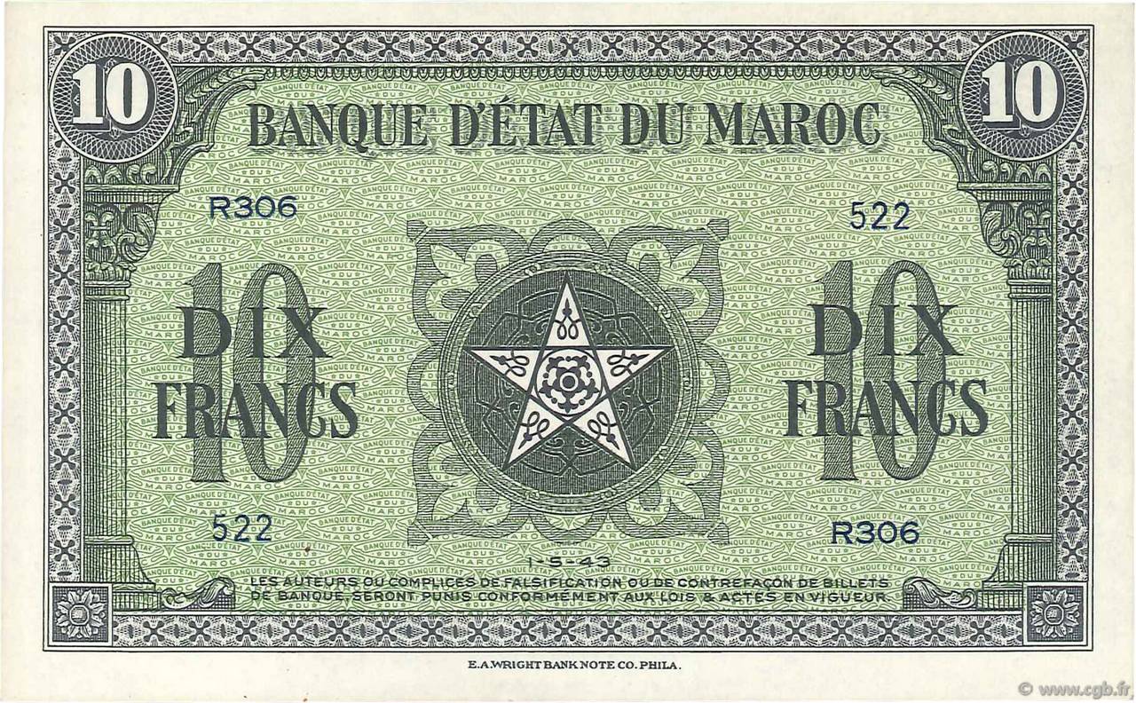 10 Francs MAROKKO  1943 P.25a ST