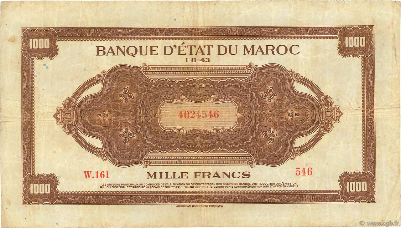 1000 Francs MOROCCO  1943 P.28a F+