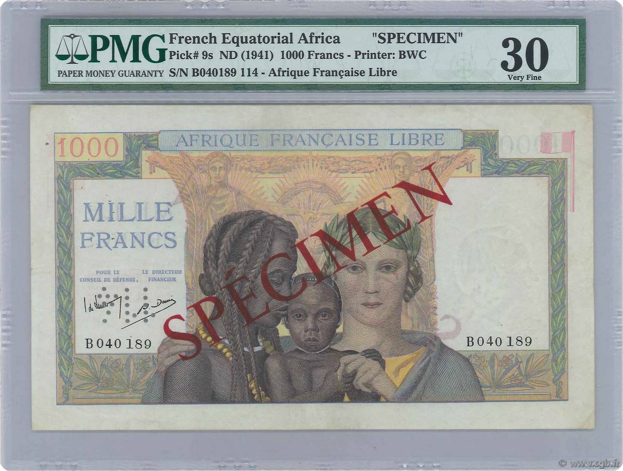 1000 Francs Spécimen AFRIQUE ÉQUATORIALE FRANÇAISE Brazzaville 1943 P.09s SS