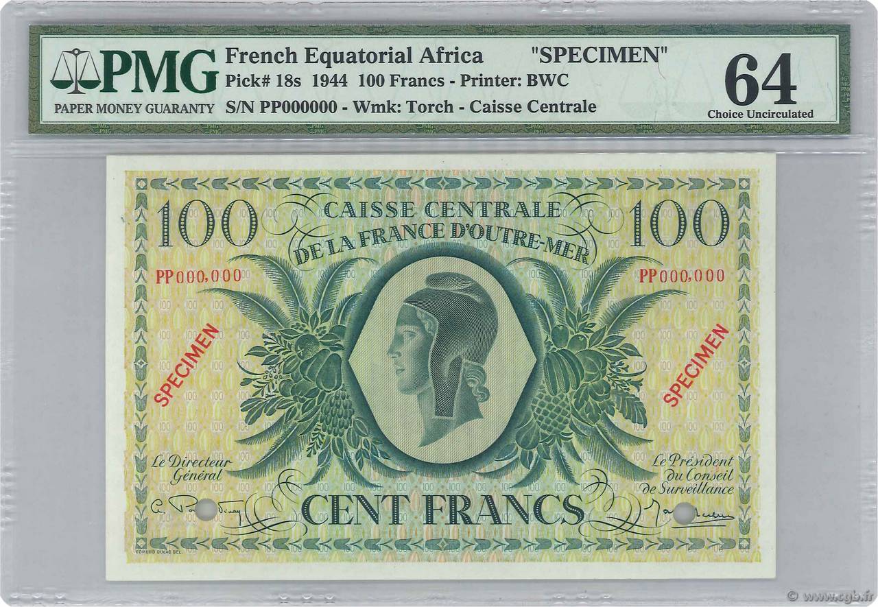 100 Francs Spécimen AFRIQUE ÉQUATORIALE FRANÇAISE  1946 P.18s q.AU