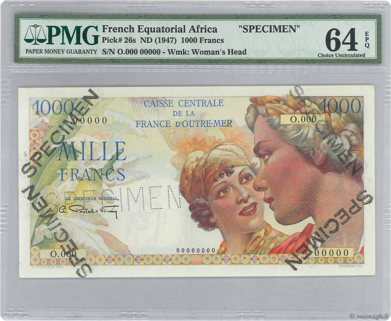1000 Francs Union Française Spécimen FRENCH EQUATORIAL AFRICA  1947 P.26s UNC-