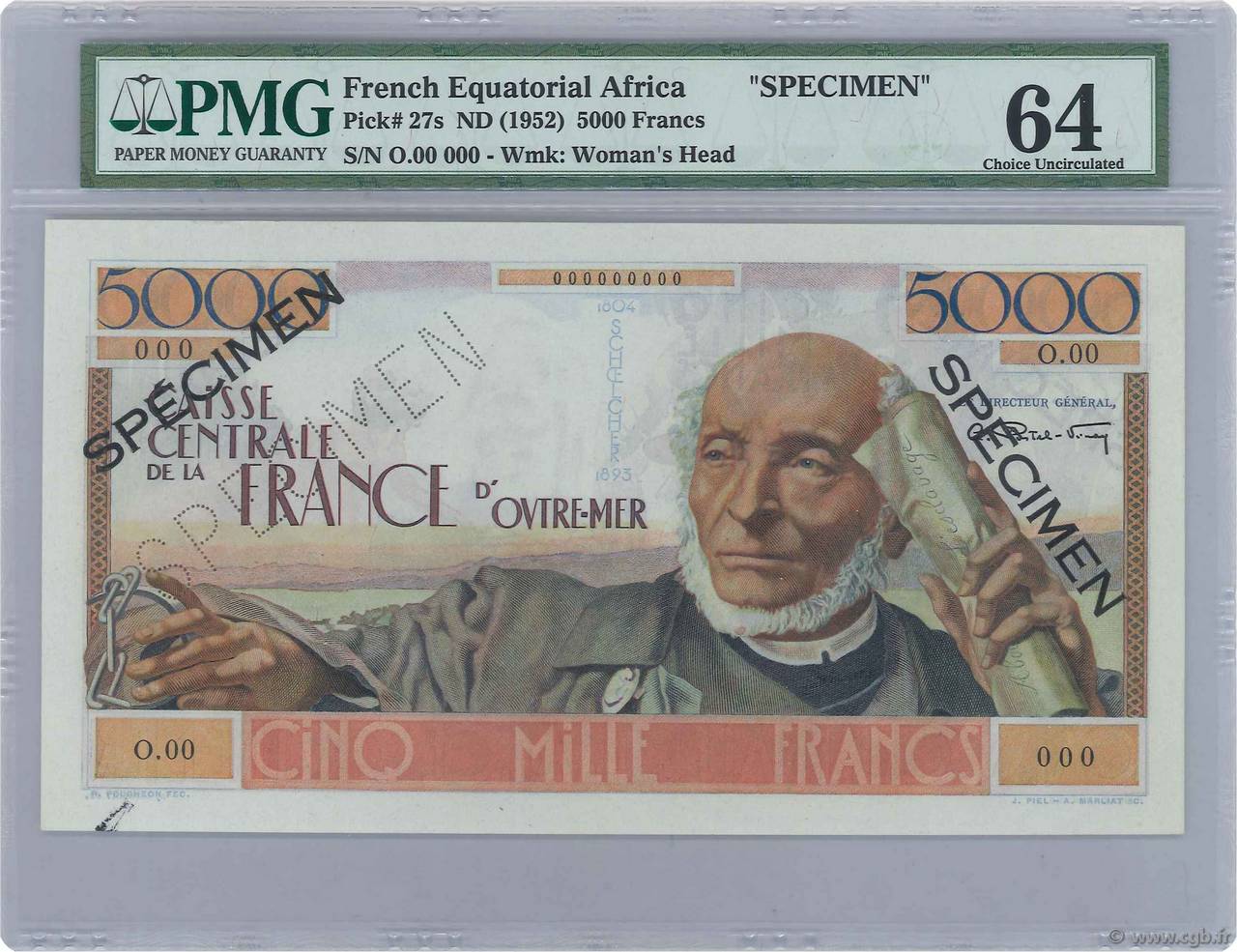 5000 Francs Schoelcher Spécimen AFRIQUE ÉQUATORIALE FRANÇAISE  1946 P.27s SPL