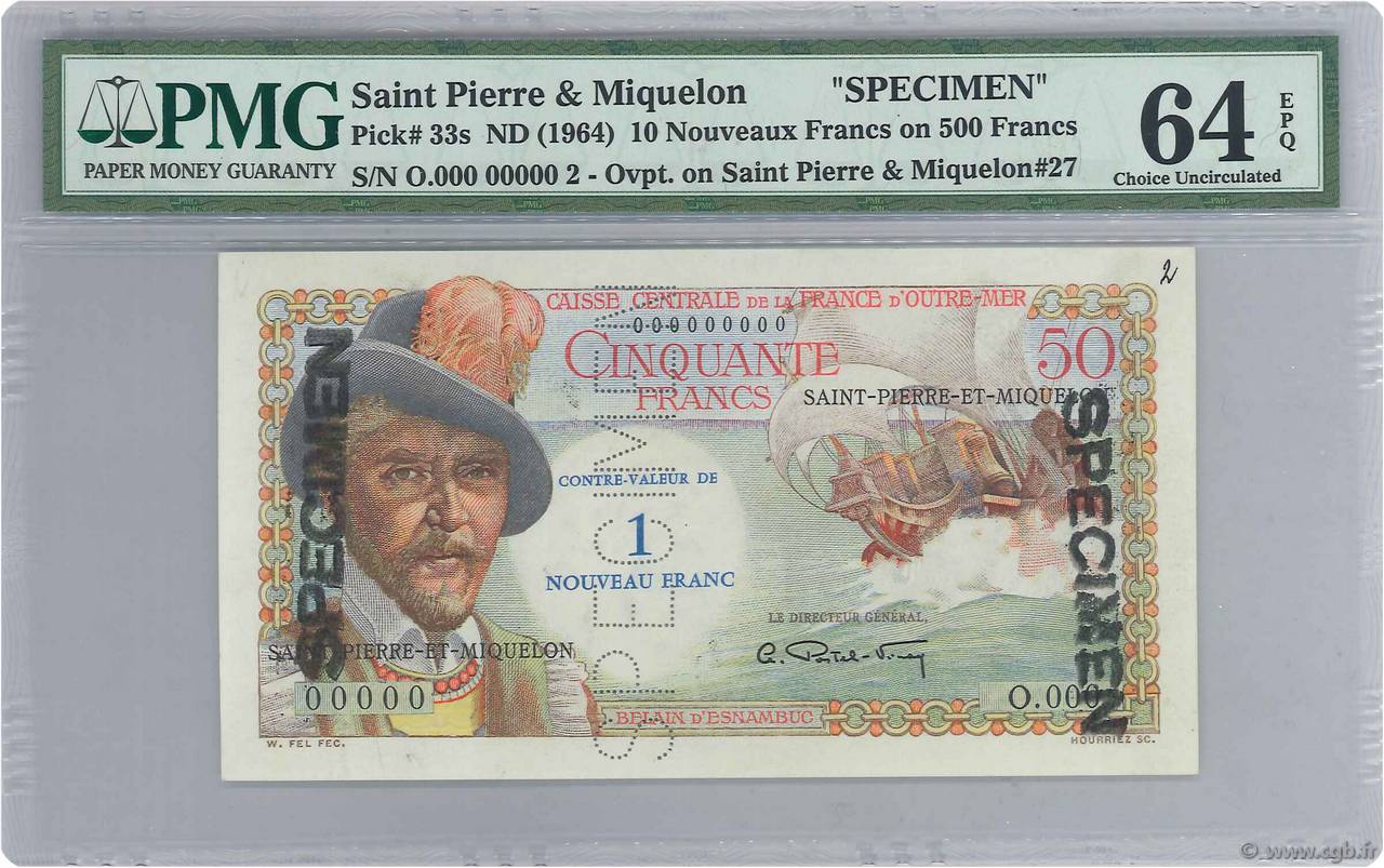 1 NF sur 50 Francs Belain d Esnambuc Spécimen SAINT PIERRE ET MIQUELON  1960 P.31s SPL