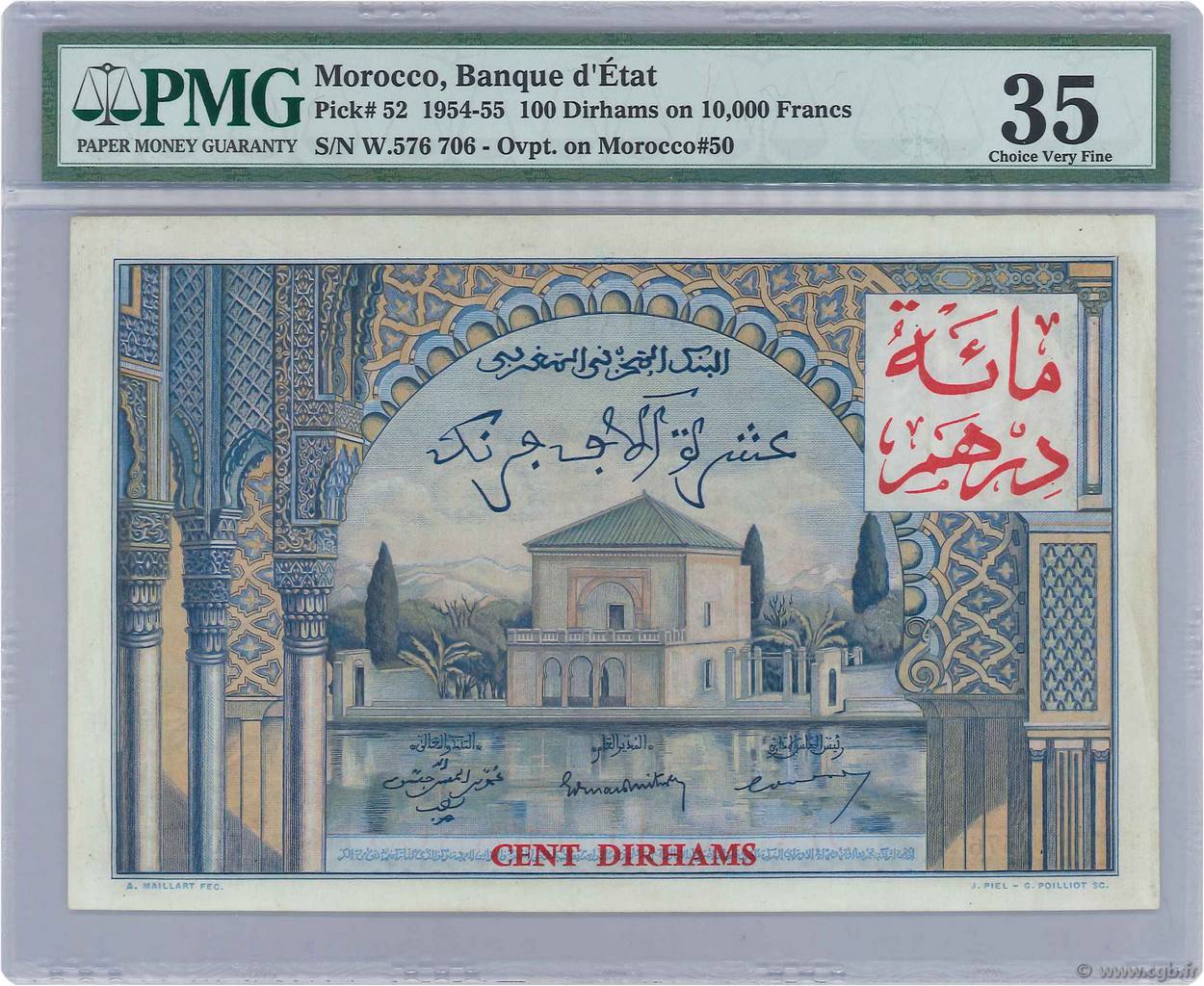 10000 Francs / 100 Dirhams MAROKKO  1955 P.52 VZ