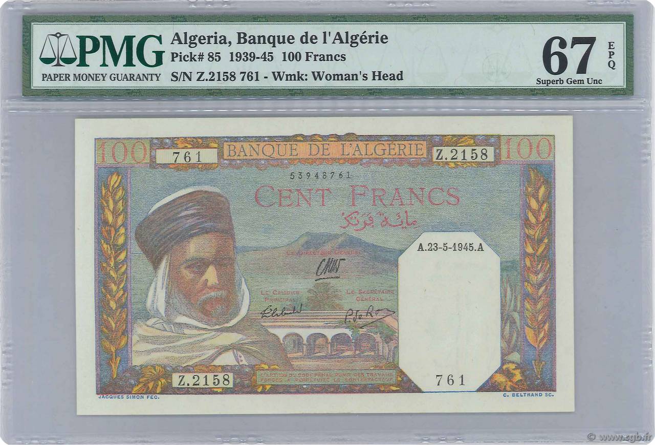 100 Francs ARGELIA  1940 P.085 FDC