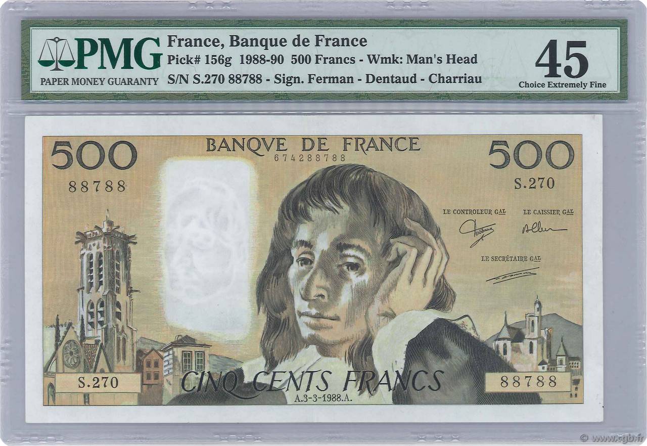 500 Francs PASCAL FRANCE  1988 F.71.38 XF