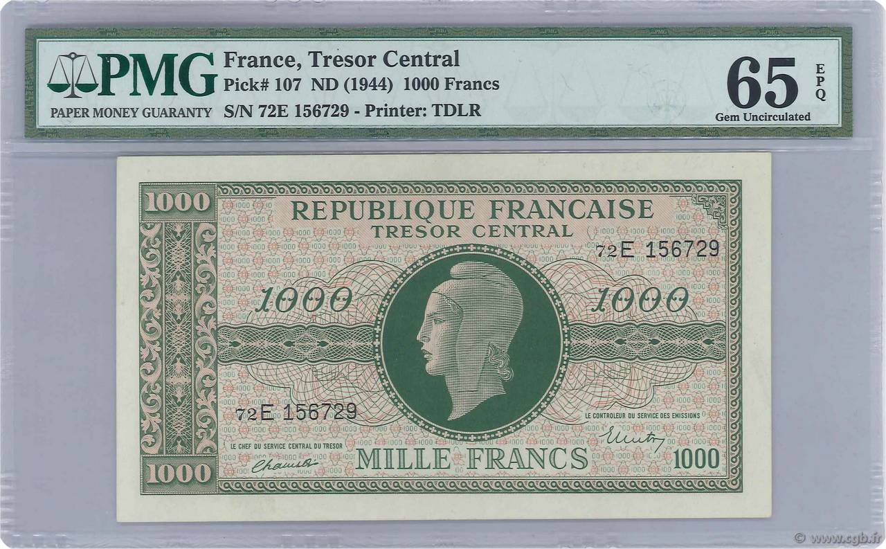 1000 Francs MARIANNE THOMAS DE LA RUE FRANKREICH  1945 VF.13.02 ST