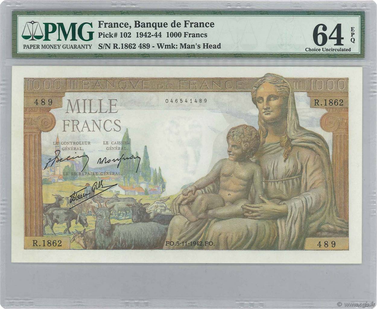 1000 Francs DÉESSE DÉMÉTER FRANCE  1942 F.40.10 UNC